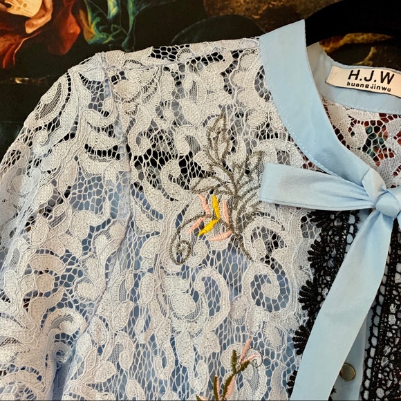 Lace & Flower Embroidered Light Blue Midi Dress - Picture 7 of 7